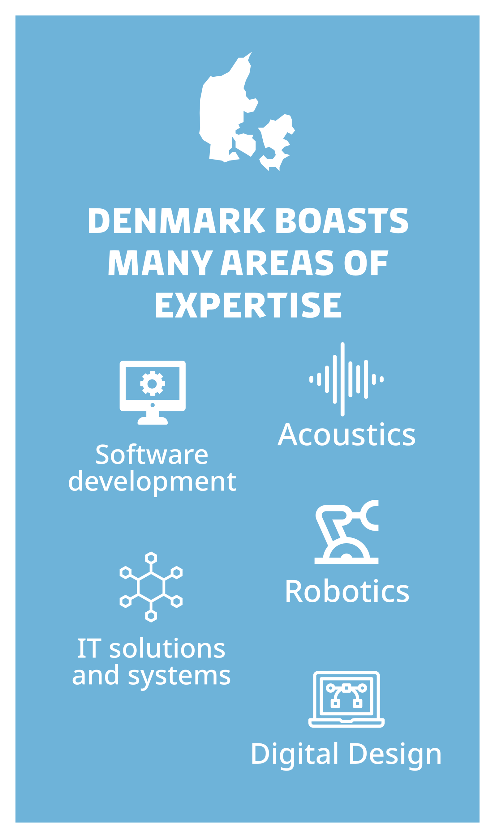 Tech: Denmark boasts many areas of expertise e.g. robotics, acoustics, software development, IT solutions & systems, and digital design.