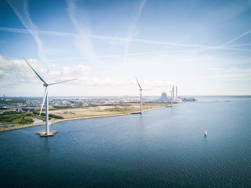 Drone shot of wind turbines in Denmark