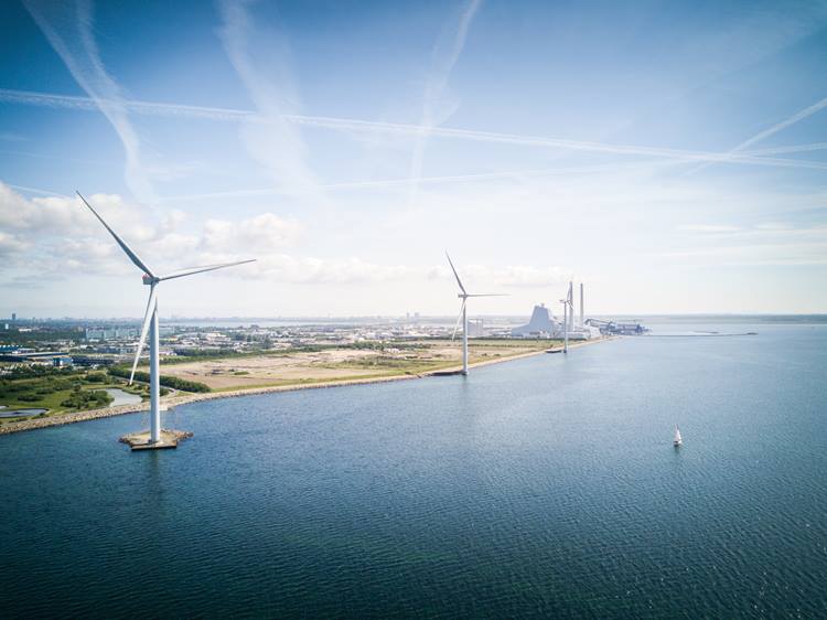Drone shot of wind turbines in Denmark