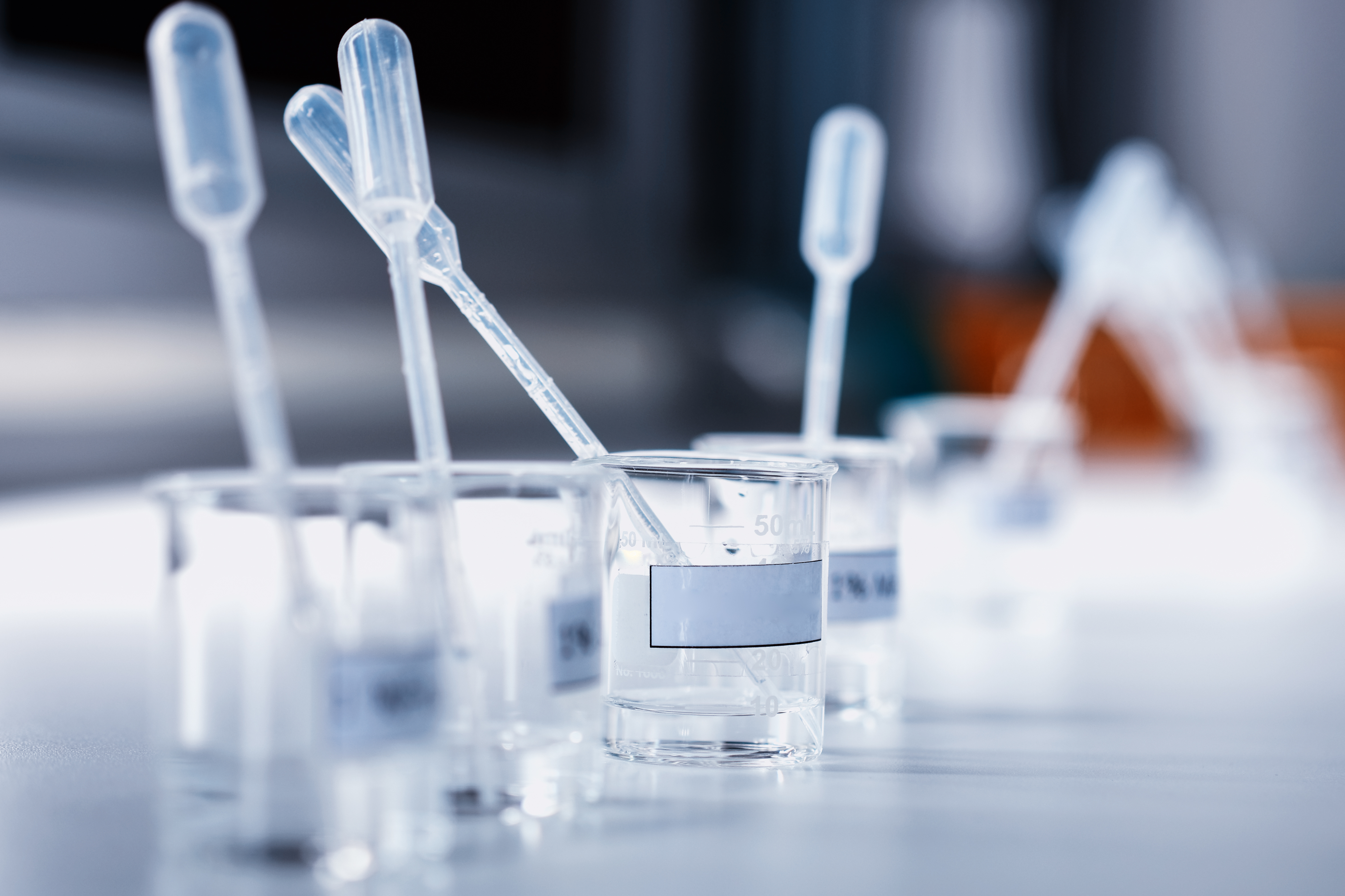 Beakers with label and chemical reagent