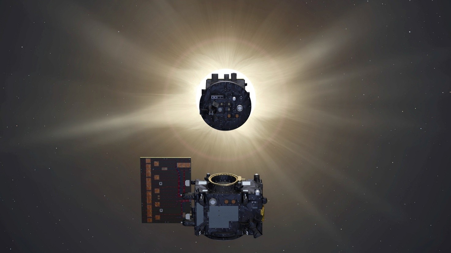   Visualization of the satellites working in tandem to study the Sun’s corona. Illustration: ESA