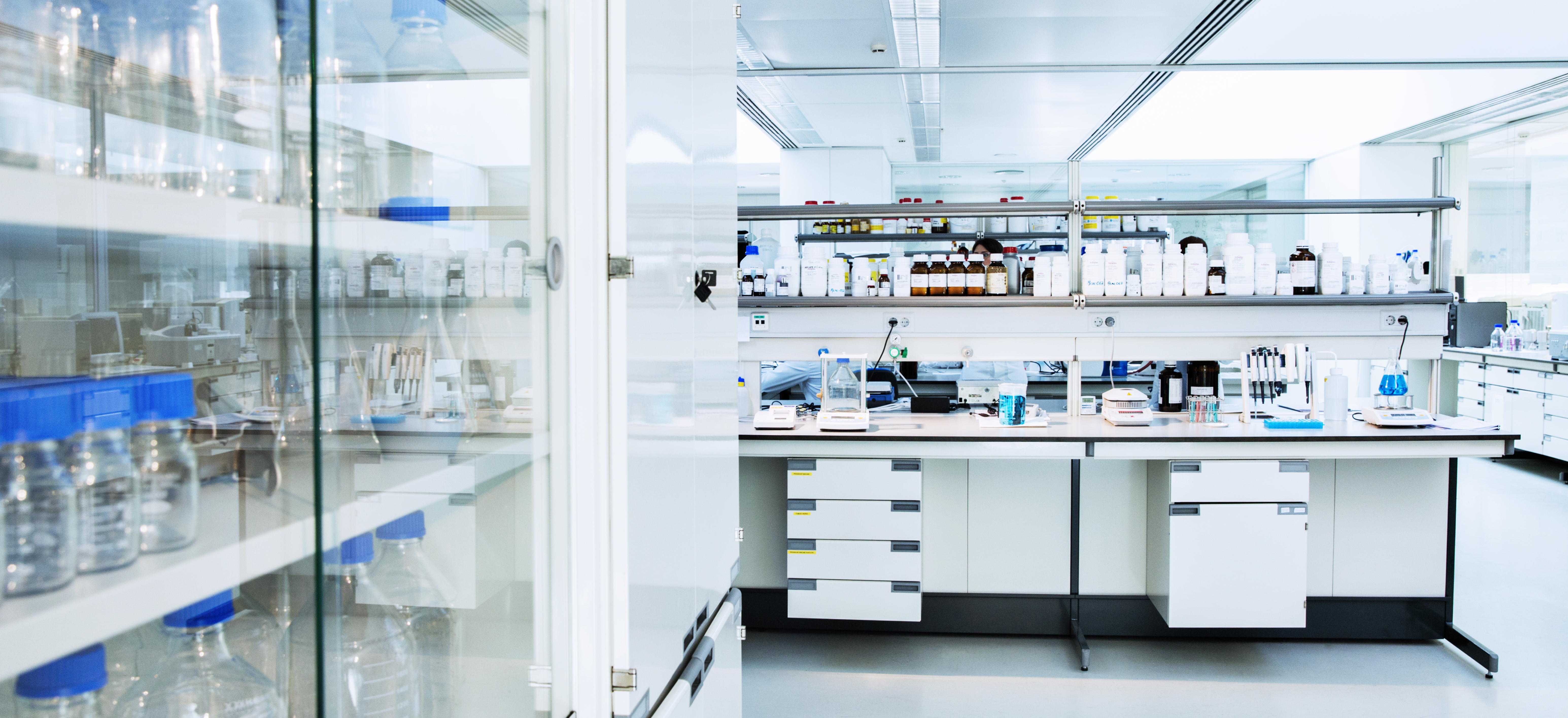 Overview of cabinet shelves with eqiupment