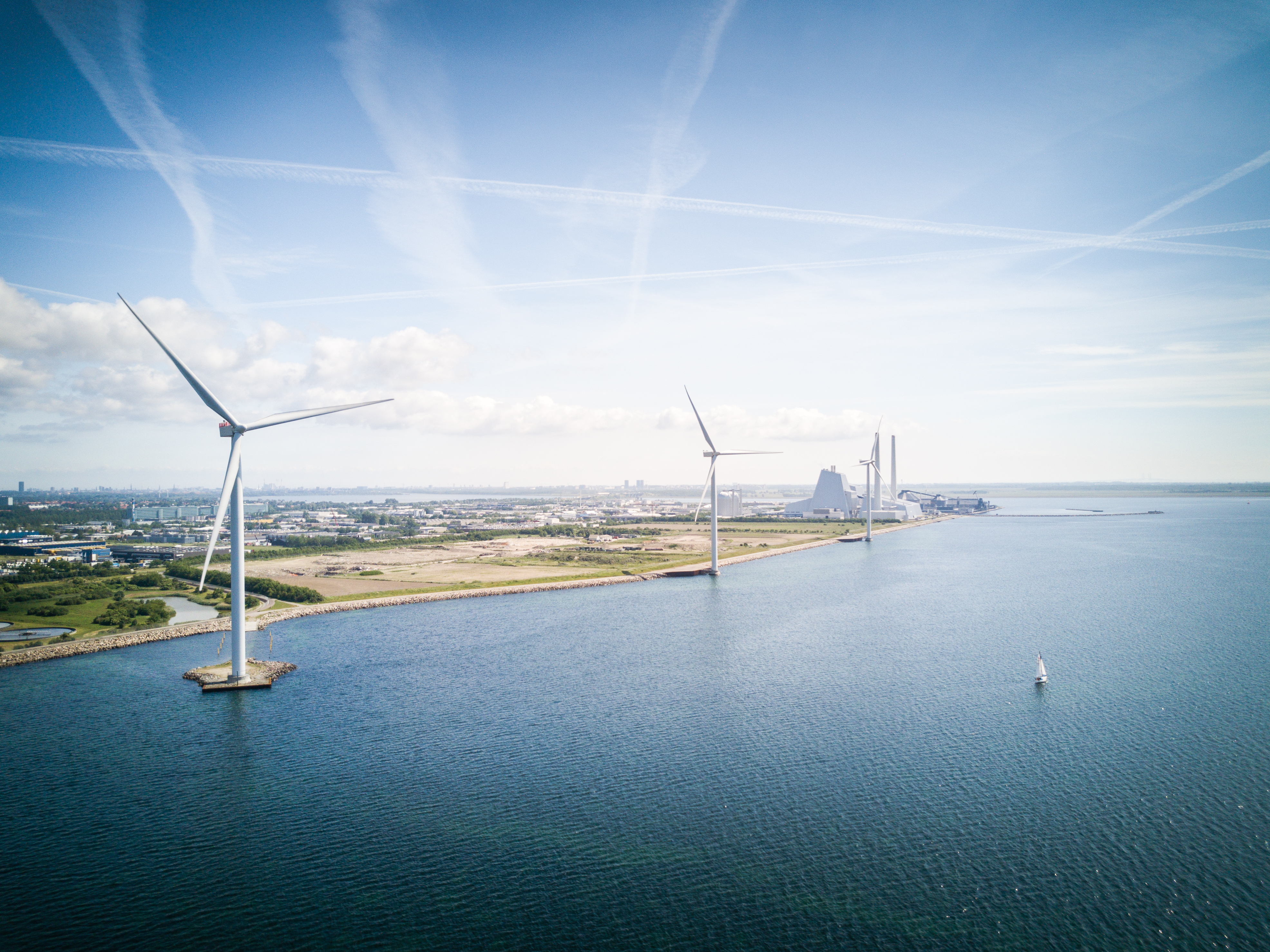 Drone shot of wind turbines in Denmark