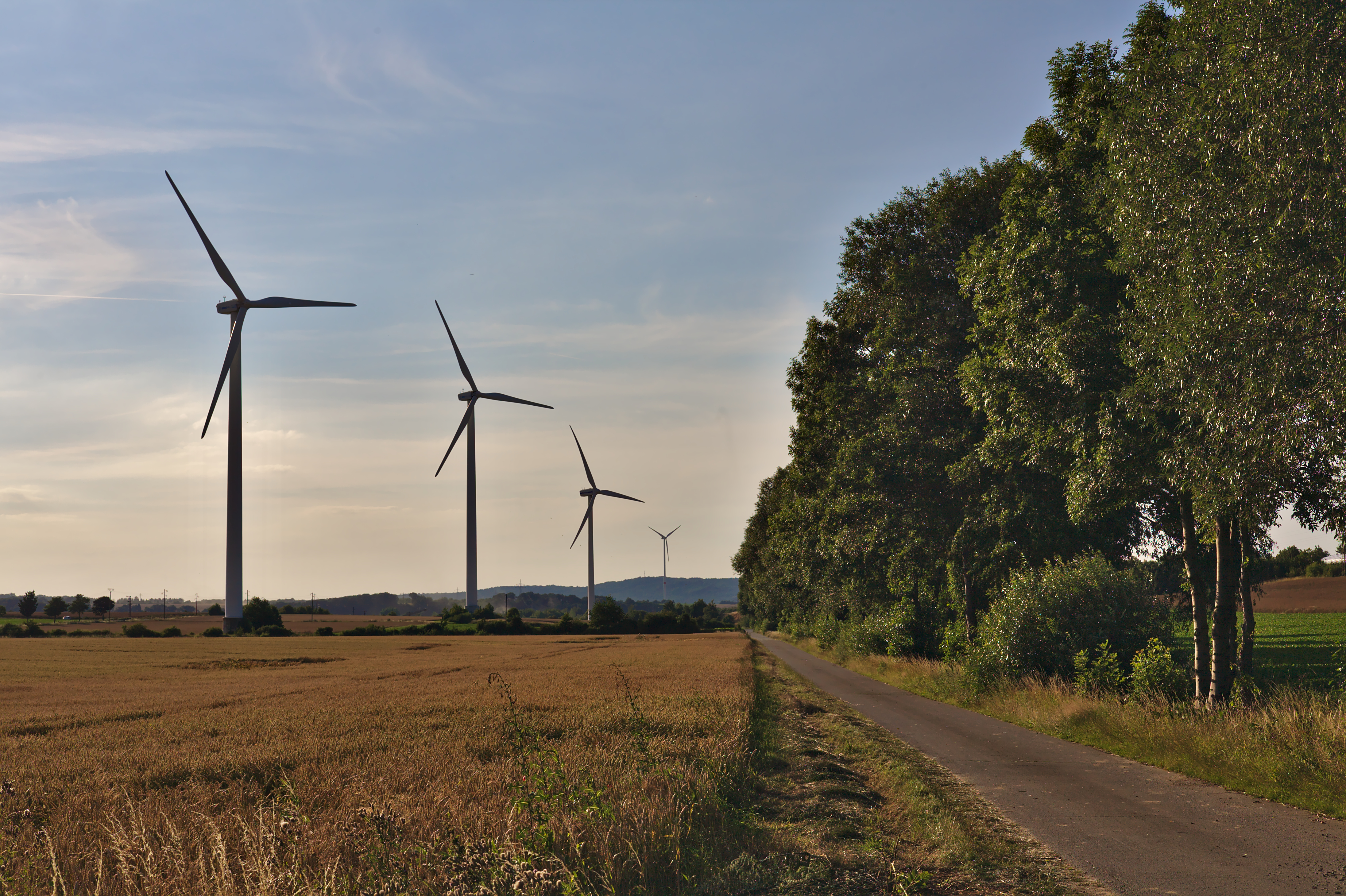 Wind turbines by a field with a blue sky