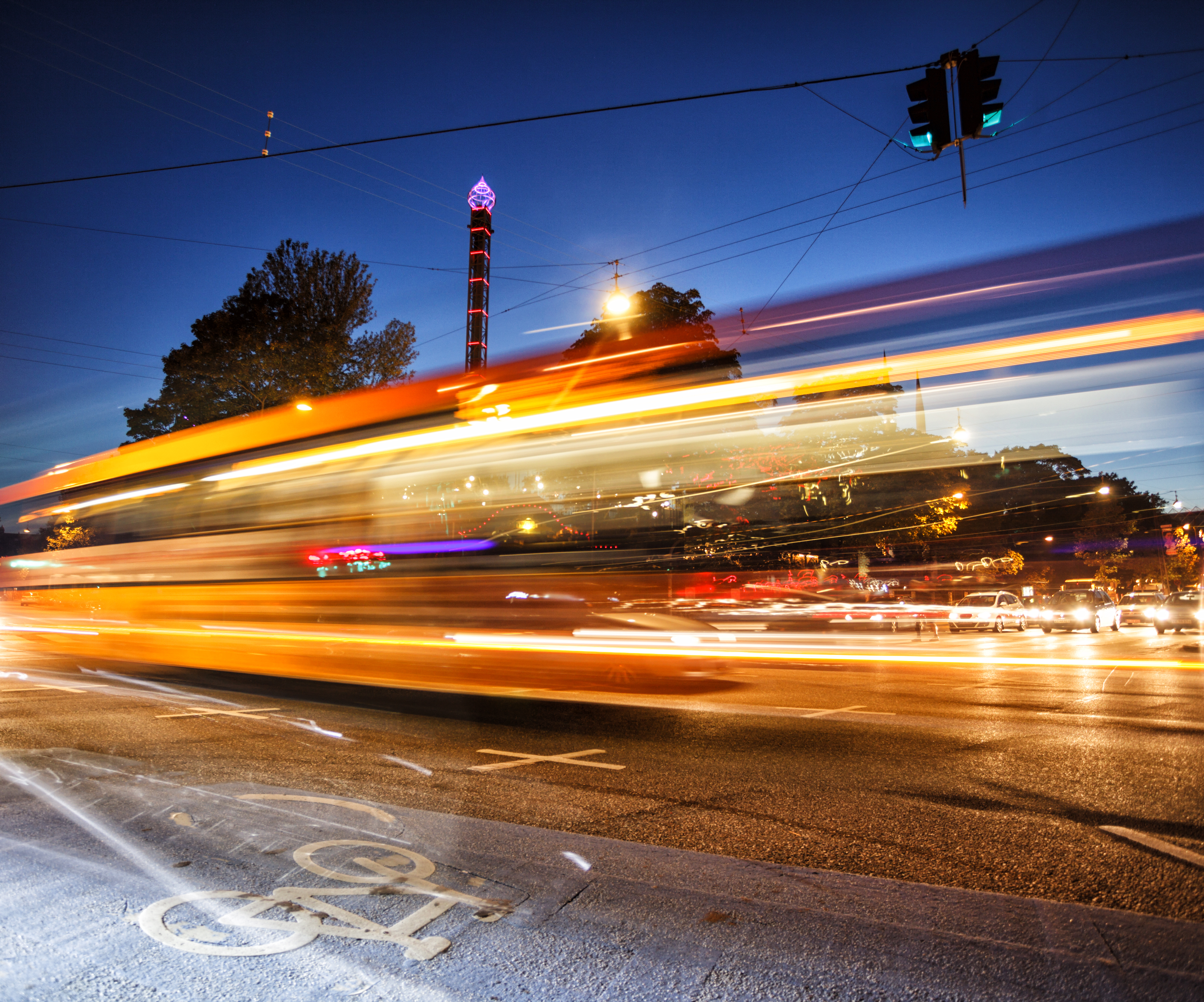 Bus in Copenhagen moving with the light